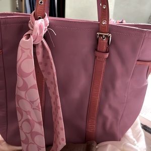 Vintage Coach pink tote with matching scarf and tan Coach vintage wallet.